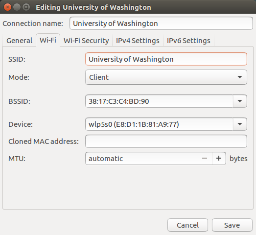 Wi-Fi tab with BSSID and SSID set